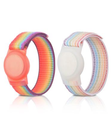 2 Pack Kids Wristband for AirTag, Nylon Watch Band GPS Tracker Holder Protective Case Compatible with Apple Air Tag, Adjustable Anti-lost Bracelet for Toddler Baby Children Elders RainbowA+RainbowB