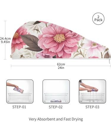 Pink Peony Hair Towel 2 Pack - Super Absorbent Quick Dry Hair Turbans for Women & Girls - Buy Online on GoSupps.com