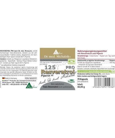 Buy Resveratrol Sirtuin 125 Pro by Dr. med. Michalzik - 98% Trans-Resveratrol & 5mg Piperine - Pure Additive-Free Japanese Knotweed Extract - Biotikon International Shipping Available - Buy Online on GoSupps.com