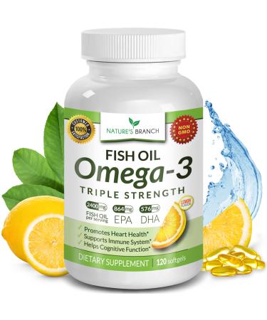 Best Triple Strength Omega 3 Fish Oil Pills 2400mg Burpless High Potency Lemon Flavor - 864mg EPA 576mg DHA Ultra Pure Liquid Softgels 120 Capsules for Brain Joints Eyes Hair Heart Health Supplement 120 Count (Pack of 1)