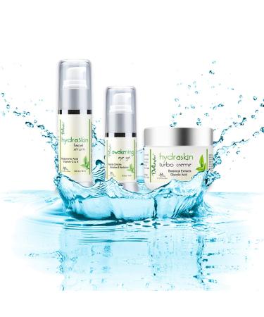 Deluvia HydraSkin Awakening System - Ultimate Skin Care Set with Eye Gel Facial Serum & Night Cream | Botanical Hyaluronic Acid AHA Vitamin C Aloe Vera - Buy Online on GoSupps.com