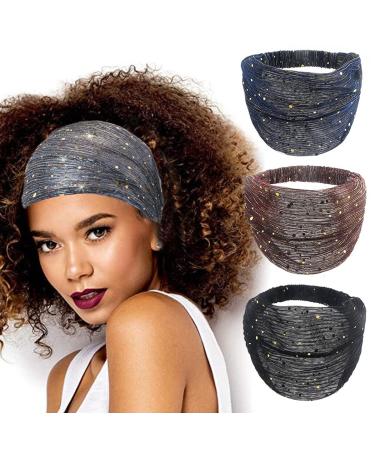 CAKURE Sequins Wide Headbands African Head Wraps Boho Turban Breathable Bling Head Bands Stretchy Hair Bands Yoga Running Sport Hair Scarf Elastic Hair Accessories for Women and Girls Pack of 3 blue,red,black