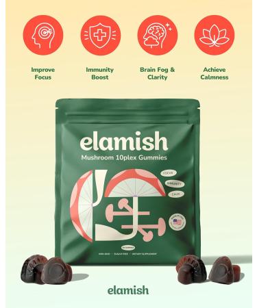 Elamish Mushroom Gummies Focus Immunity & Calm Functional Mushrooms 10 Plex Blend Sugar Free Non GMO Natural Strawberry Flavor Made in USA 60 Count - Buy Online on GoSupps.com