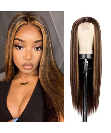 Long Straight Highlights Wig for Black Women Brown Mixed Blonde Wig 28 Inch Synthetic Middle Part Hair Natural hairline Wigs Heat Resistant Fibre for Daily Party Use