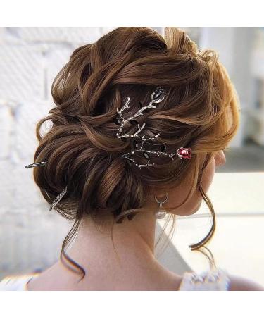 HINZIC Flower Hair Stick 2Pcs - Retro Chinese Hair Chopsticks for Bun | Wedding Hairpins for Bride Women Girls - Silver Black - Buy Online on GoSupps.com