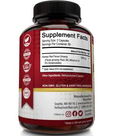 NutriFlair Korean Red Panax Ginseng 1600mg | 120 Vegan Capsules - High Potency 5% Ginsenosides Extract Powder Supplement for Energy Boost, Focus, and Performance - Non-GMO - Buy Online on GoSupps.com