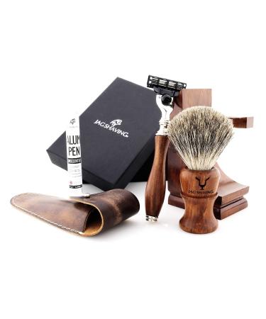 JAG Shaving Shaving set - Sustainable 3 -part shaving set - made of wood - razor with 3 edges - razor - Super roof hair shaving brush - Elegant shaving stand - leather bag for razor planes
