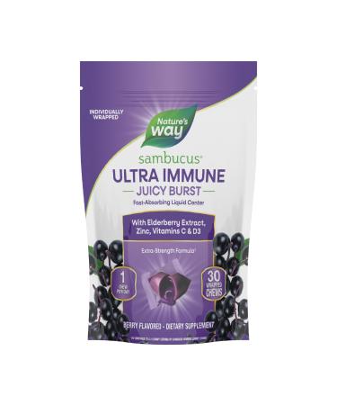 Nature's Way Sambucus Ultra Immune Juicy Burst Extra-Strength Formula(1) Immune Support* Vitamin D3 Vitamin C and Zinc Elderberry Extract 30 Berry Flavored Chews