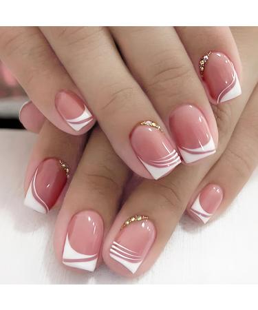 Mrcuvaryas French press on nails short 24 pieces of French nails to stick on of course acrylic artificial nails with nail glue glossy artificial nail self -adhesive nail tips for women & girls white rhinestone