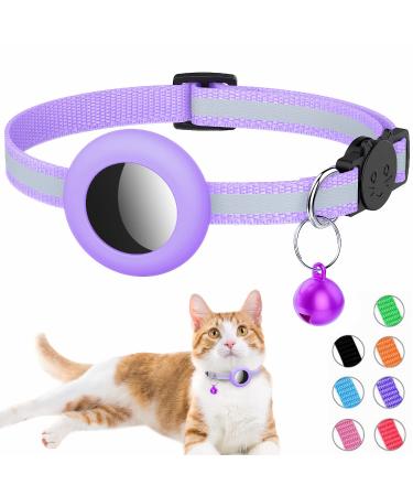 Airtag cat neck band reflective air day cat necklace with bell and airtail holder compatible with Apple Airtag beautiful cat necklace with a stoppable safety buckle for kitten puppy purple