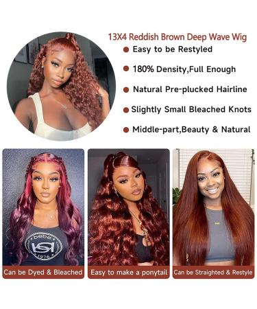 Reddish Brown Deep Wave Lace Front Human Hair Wig 180% Density | 13X4 HD Lace Frontal Copper Red Colored Curly Glueless Wig Pre Plucked for Black Women - Buy Online on GoSupps.com