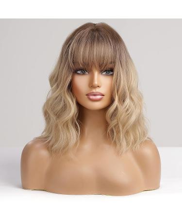 HAIRCUBE Short Blonde Curly Wigs with Dark Roots and Bangs - Wavy Bob Style for Women | Heat Resistant Synthetic - Buy Online on GoSupps.com