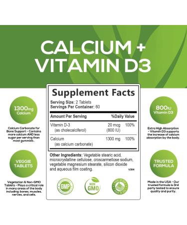 Nature's Calcium 1300mg + 800 IU Vitamin D3 | Bone & Immune Support | Non-GMO | 120 Tablets - Buy Online on GoSupps.com