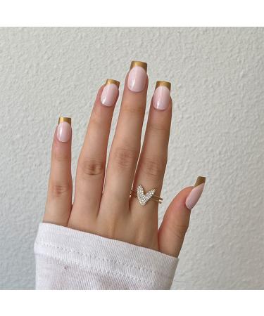 JUSTOTRY 24 Pcs Square False Nails Short Chrome Gold French Press on Nails Pattern Fake Nails Short with Nail Glue Nude Stick on Nails for Women Nails Fake Nail for Nails Art Gold&square3