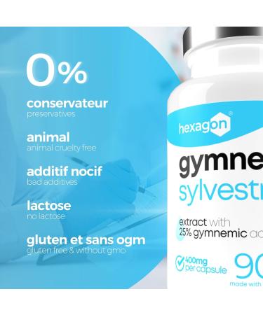 Gymnema Sylvestre 400mg - Up to 3 Months of Cure - Natural Support - Management of Sweet Craving - Made in France - 90 Vegetable Capsules - Vegan - Hexagon - Buy Online on GoSupps.com
