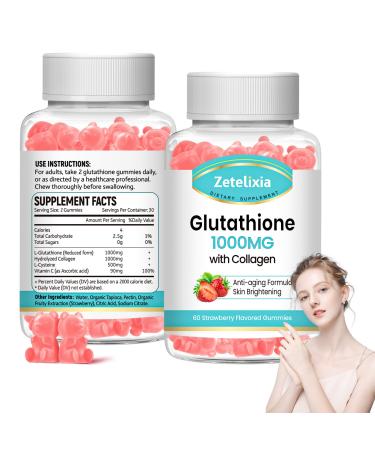 2 Pack Glutathione Collagen Gummies Collagen Gummies with Vitamin C Glutathione Supplement for Women Hair Skin Nails Muscle & Joint Anti-Aging Vegan Sugar Free Strawberry Flavor 120 Count Glutathione Strawberry 60 C