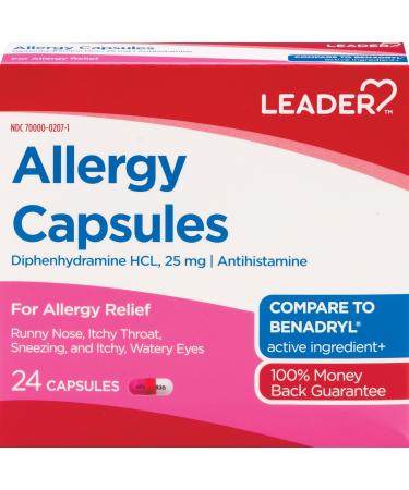 Leader Antihistamine Allergy Relief Diphenhydramine HCl 25mg Capsules 24 Count