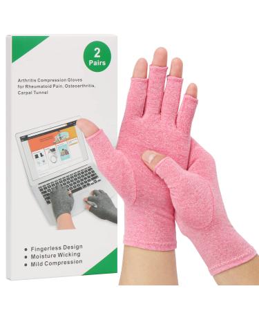 2-Pair Arthritis Compression Gloves for Alleviate Rheumatoid Osteoarthritis Carpal Tunnel Raynauds Disease Ease Muscle Tensi on Fingerless Breathable & Moisture Women and Men (Pink Large) Pink L