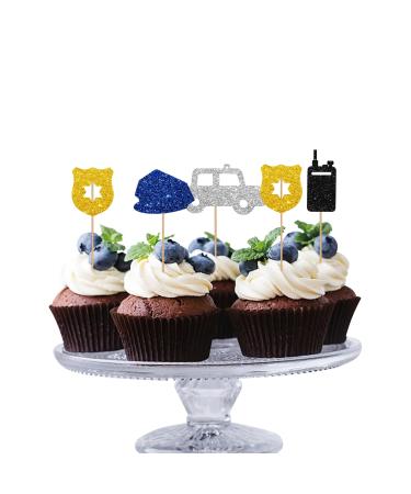 24Pcs Police Cupcake Toppers Police Officer Cupcake Toppers for Boy Colorful Glitter Policemen Cupcake Picks for Baby Shower Police Birthday Party Decoration
