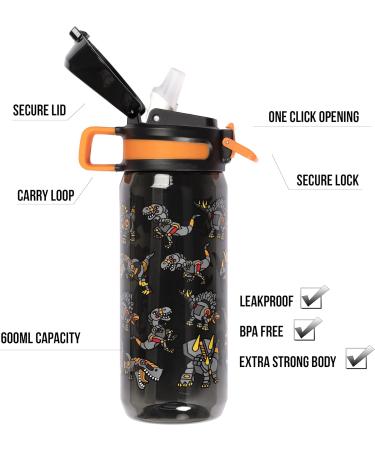 Fringoo Dinosaur Robot Kids Water Bottle with Straw - BPA Free - 600ml Reusable Black Straw Water Bottle for Kids - Buy Online on GoSupps.com