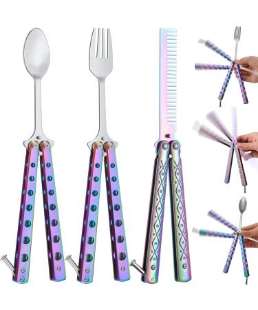 3 Pieces Butterfly Comb, Butterfly Fork and Spoon Set Stainless Steel Folding Butterfly Spoon for Camping Hunting Travel Outdoor (Colorful)
