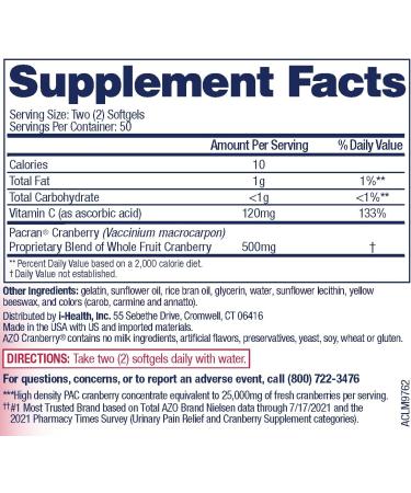 AZO Cranberry Urinary Tract Health Supplement, 1 Serving : 1 Glass of Cranberry Juice, Sugar Free Cranberry Pills, Non-GMO, 3 Month Supply, 100 Softgels (Pack of 2) Softgels 100 Count (Pack of 2) - Buy Online on GoSupps.com