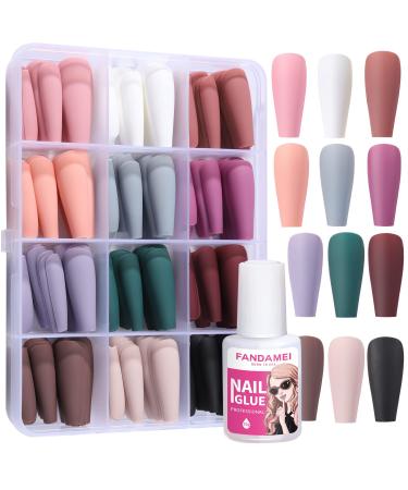 FANDAMEI Matte Press On Nails Long Coffin 12 Color 240PCS Full Cover Long Ballerina Fake Nails Acrylic False Nail Tips with 10g Nail Glue 12 Solid Color False Nail for Women Girls Nail Art DIY C-12 Packs Long Coffin