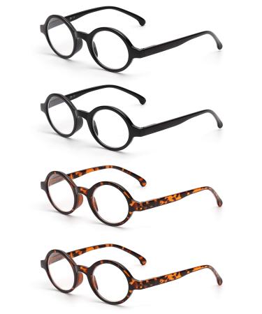 JM Set of 4 Round Reading Glasses Spring Hinge Readers Women Men Eyeglasses for Reading +2.25 Black&Tortoise
