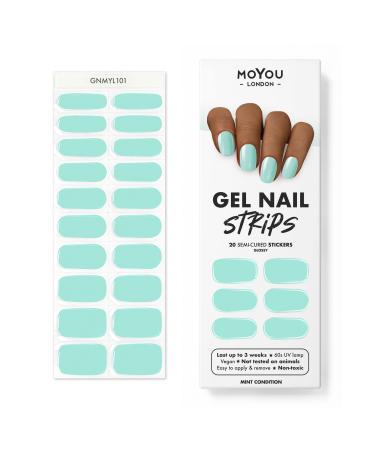 MoYou London Semi-Cured Gel Nail Strips  Nail File  & Wooden Cuticle Stick 20 Pc. Gel Wraps for Nails Salon-Quality Manicure Set & Pedicure Supplies  Mint Condition