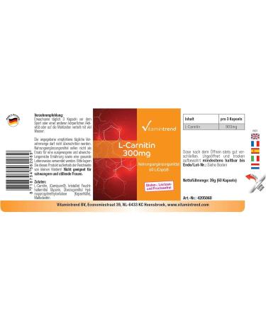 L-Carnitine 300mg - 60 Capsules | Vegan & Bioavailable Carnipure in Licaps | High Dose Supplements from Germany - Vitamintrend  - Buy Online on GoSupps.com