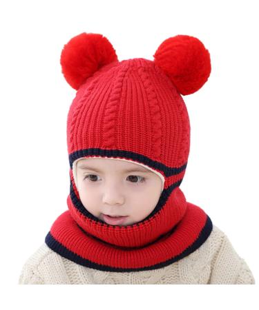 Baby Balaclava Kids Winter Warm Hat Scarf Warm Knitted Hood Hat with Double Pom Pom Design Beanie Caps for Baby Girls Boys Cute Small Bear Winter Hat B-D One Size
