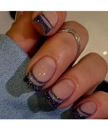 Black French Tip Press on Nails Short Square Fake Nails with Design Black Line False Nails Glitter Glue on Nails Glossy Artificial Acrylic Nail Full Cover Nude Stick on Nails for Women Manicure 24pcs Style014