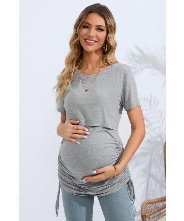 Sosolism Maternity Nursing Dress - 4 in 1, Short Sleeve, Side Drawstring Top - Light Grey (Size L) - Buy Online on GoSupps.com