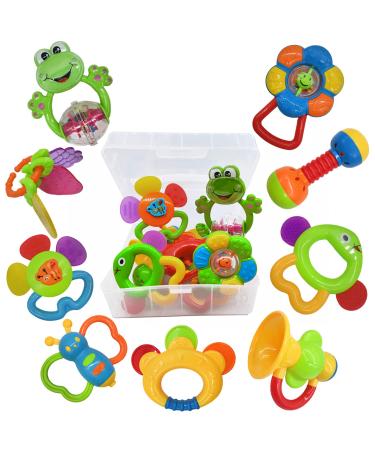 9pcs Baby First Rattle Teether Toy Gift Set with Storage Box for Infant Newborn Baby Girl 3 6 9 12 18Month Pink