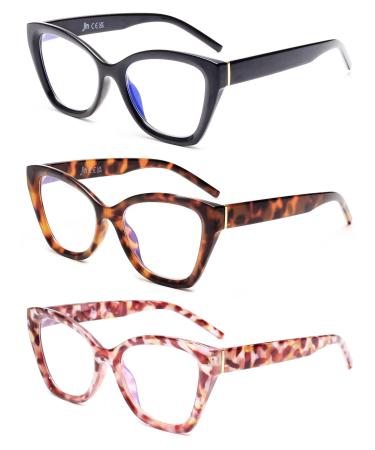 JM 3 Pack Oversized Reading Glasses for Women Fashion Cat Eye Blue Light Filter Glasses 3-pack Mixed Color 3.0 x