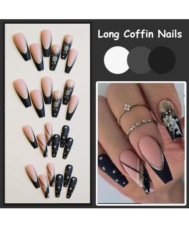 MISUD Long Coffin Press on Nails - Matte Black Gradient French Tip Glitter Snowflake Design - 24 Pcs Ballerina Acrylic Fake Nails for Stunning Looks - Buy Online on GoSupps.com