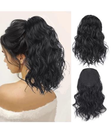 AISI BEAUTY Black Ponytail Extension 14 Inches Short Curly Wavy Drawstring Ponytail for Women Natural Looking Synthetic Wavy Ponytails 14 Inch (Pack of 1) Black