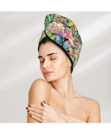 Watercolor Blooming Cactus Microfiber Hair Towel | Soft & Super Absorbent Wrap for Women - Quick Dry Cap for Long Curly & Thick Hair - Buy Online on GoSupps.com