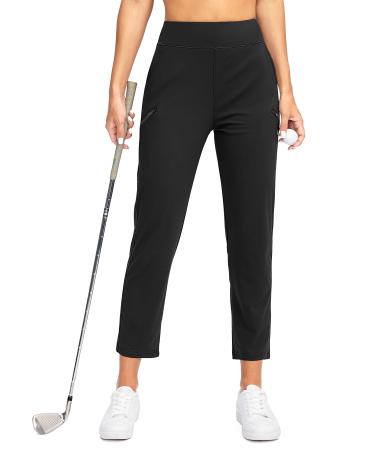 SANTINY Women's Golf Pants with 3 Zipper Pockets 7/8 Stretch High Waisted Ankle Pants for Women Travel Work Black X-Small