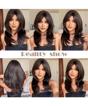 Kellynee Dark Brown Wig with Bangs - Medium Length Straight Layered Synthetic Wig for Women - Effortlessly Stylish for Daily Wear & Special Occasions - Buy Online on GoSupps.com