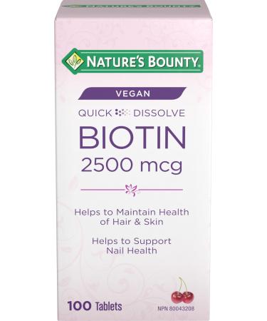 Nature's Bounty Biotin 2500mcg Supplement Helps Maintain Health of Hair and Skin Vegan formula 100 Tablets