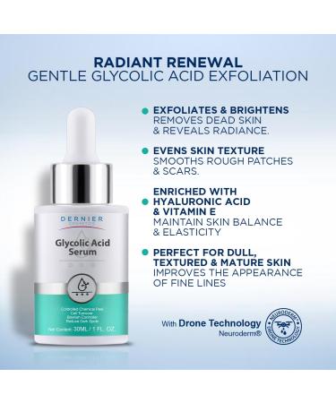 Dernier Glycolic Acid Serum 5% with Hyaluronic Acid 1% - Face Dark Spot Treatment Hyperpigmentation Exfoliant Resurfacing Brightening Glow Moisturizer Redness Hydrating Facial Peeling Women (1 fl oz) - Buy Online on GoSupps.com