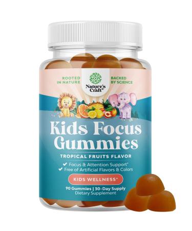 Kids Focus Gummies - Nootropics Brain Support Supplement for Kids with Green Tea Extract B6 & B12 Vitamins for Memory and Brain Focus - Herbal Concentration Chews for Children - 90 Count 90 Count (Pack of 1)