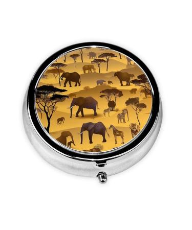 African Grassland Animals Portable Metal Pill Box Round Mini 3-Compartment Plastic Insert hinged Fastening Design Suitable for Small Pills Must-Have for Travel Black