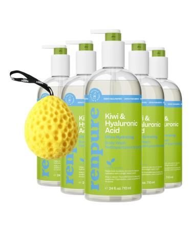RENPURE Kiwi & Hyaluronic Acid Body Scrub 24 Fl Oz - Hydrating Gentle Cleanser Bundled With Bath Sponge Ultra Hydrating Vitamin-Rich Antioxidant For Soft & Supple Skin Pack Of 5