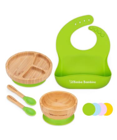Bimba Bambino Baby Weaning Set | Bamboo Suction Plate Bowl Two Spoons and Silicone Bib Sturdy and Safe Non-Toxic Natural Bamboo Green