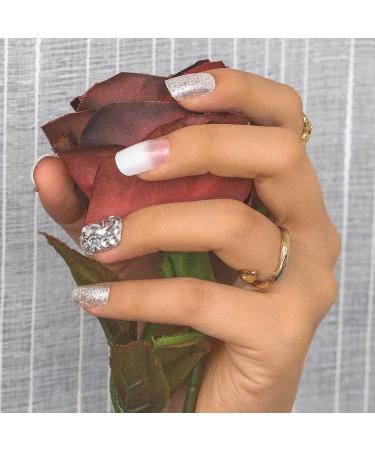 Sethexy White Glossy Squoval False Nails | 24ct Sparkle Rhinestone Acrylic Press-On Fingernails with Glue for Women & Girls - International Shipping Available - Buy Online on GoSupps.com