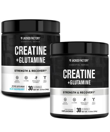 Jacked Factory Creatine + Glutamine - Creatine Supplement with L-Glutamine for Muscle Recovery Muscle Growth Increased Strength (30 Servings Unflavored & 30 Servings Blue Raspberry)