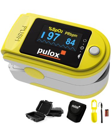 Puloximeter Pulox PO-200 Set in yellow for measuring oxygen saturation pulse and PI on the finger including hard case protective cover batteries and supporting band