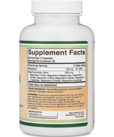 Magnesium Complex Supplement 180 Capsules (426mg Elemental Magnesium Provided by 2,300mg of Eight Different Forms of Magnesium) MAG-8 Provides 100% Daily Recommended Value of Magnesium by Double Wood - Buy Online on GoSupps.com